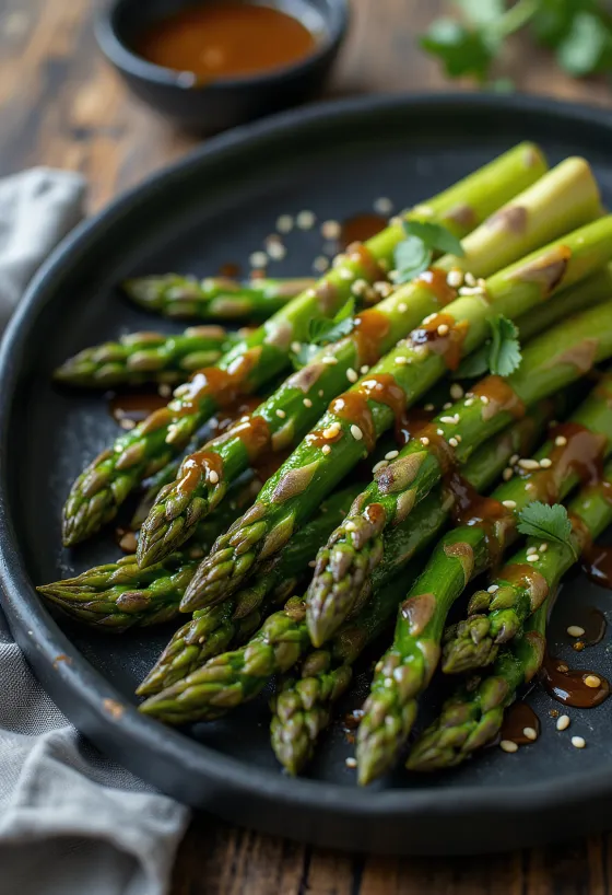 Gegrillter grüner Spargel mit Sesam-Dressing serviert