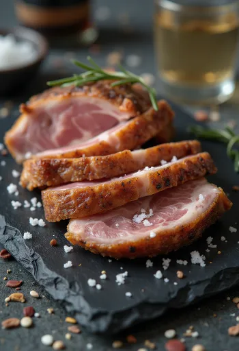 Iberico Secreto vom Grill serviert mit Zitronenspalten und Röstgemüse.
