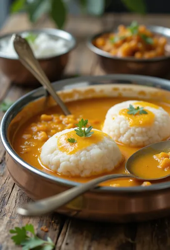 Frisch zubereitetes Idli mit Sambar, gedämpftes Idli und würzige Linsensauce