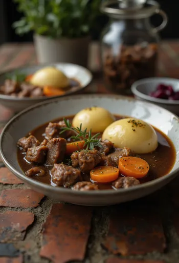 Kalops mit Salzkartoffeln und reichhaltiger Fleischsauce