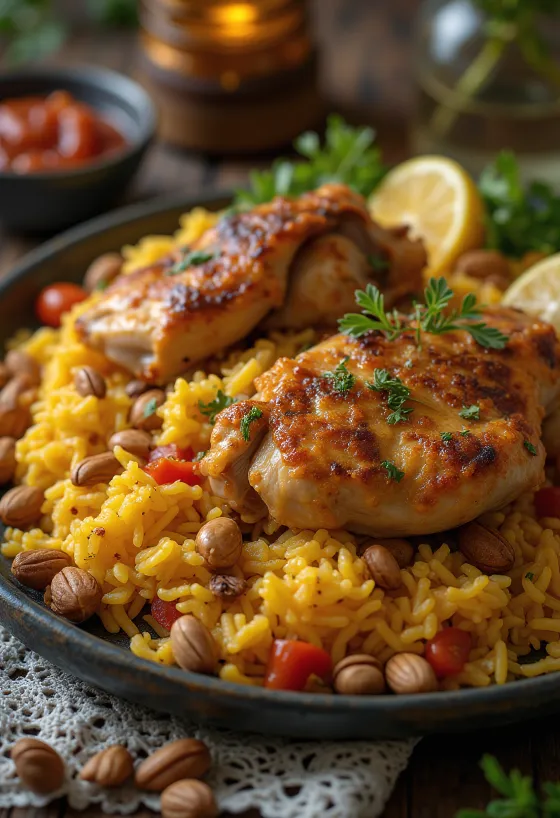 Machboos Hähnchenreis mit würziger Sauce und frischen Kräutern