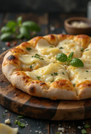 Pizza ai Formaggi serviert mit verschiedenen Käsesorten und frischem Basilikum