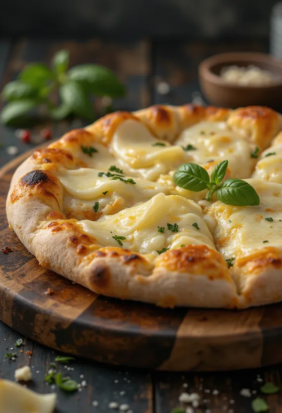 Pizza ai Formaggi serviert mit verschiedenen Käsesorten und frischem Basilikum