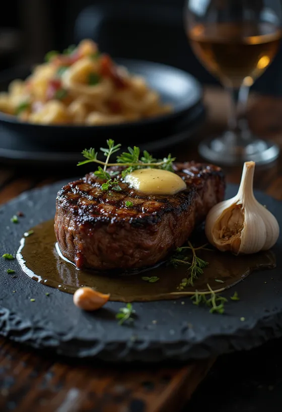 Rib-Eye-Steak goldbraun gebraten, serviert mit frischen Kräutern und Butter