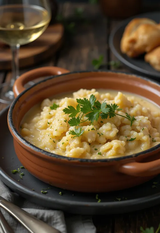 Açorda mit Stockfisch, Fischsuppe mit Weißwein, Milch und frischer Petersilie