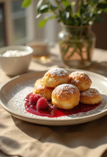 Æbleskiver mit Himbeermarmelade und Puderzucker serviert