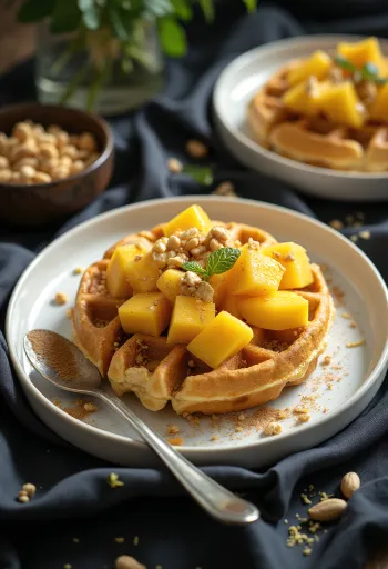 Afrikanisch inspirierte Waffel mit Mango, Erdnüssen und Limettensaft