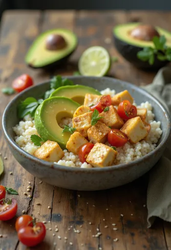 Quinoa-Bowl mit Avocado, Limette und Tofu