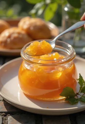 Hausgemachte Aprikosenmarmelade aus frischen, reifen Früchten im Glas