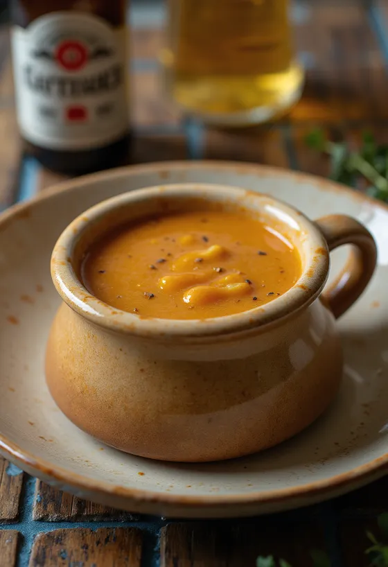 Braune Biersauce in einer Sauciere