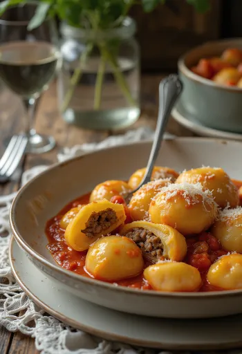 Gefüllte Gnocchi mit Fleisch serviert