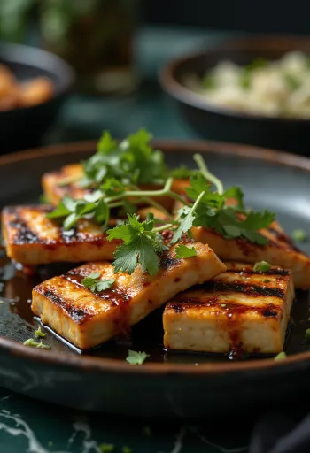 Gegrillter Tofu in würziger Sauce serviert