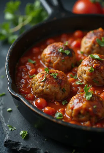 Hackbällchen in Tomatensauce serviert