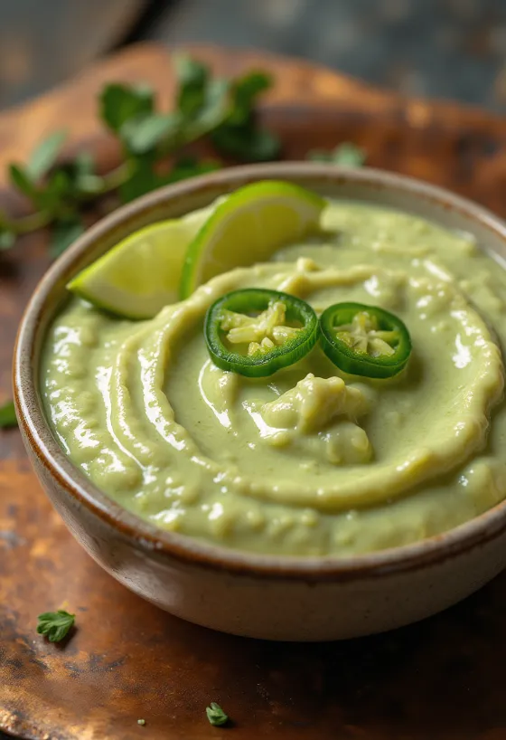Jalapeño-Limetten-Dip in einer Schale, dekoriert mit Limettenscheiben und frischem Koriander.