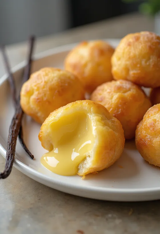 Loukoumades mit Vanillecreme, goldbraun gebacken, innen gelber Pudding, mit Puderzucker bestreut