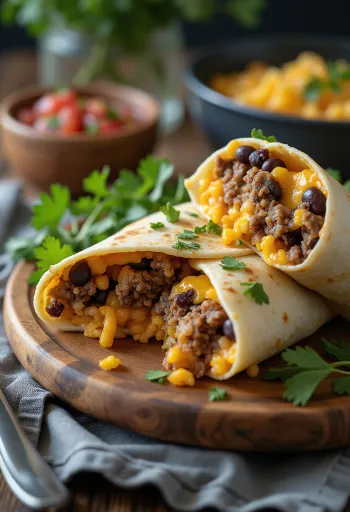 Mexikanische Burrito-Tortilla-Rolle, gefüllt mit Reis, Bohnen und Rindfleisch