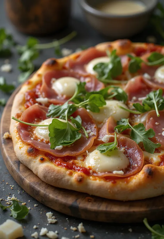 Pizza al Prosciutto Crudo serviert mit Parmaschinken und Rucola