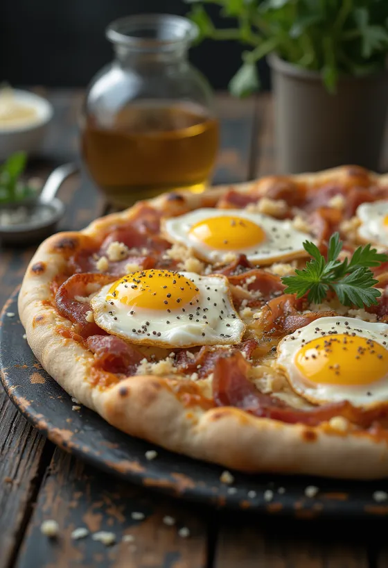 Carbonara-Pizza mit Guanciale und Pecorino