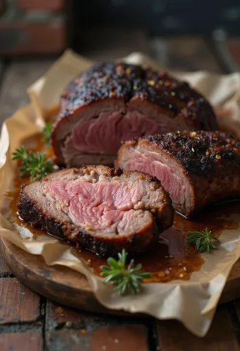 Smoked Brisket in dünnen Scheiben serviert mit Barbecue-Sauce und Beilagen