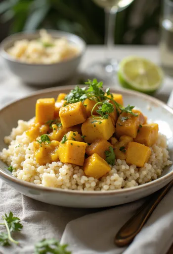 Serviertes Kürbis-Limetten-Tofu mit Quinoa-Curry
