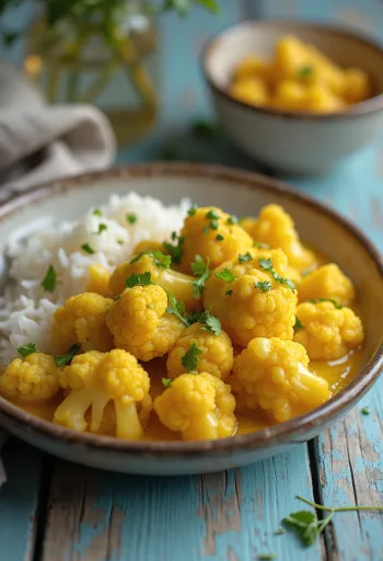 Veganes Blumenkohl-Curry mit Kokosmilch und Gewürzen serviert