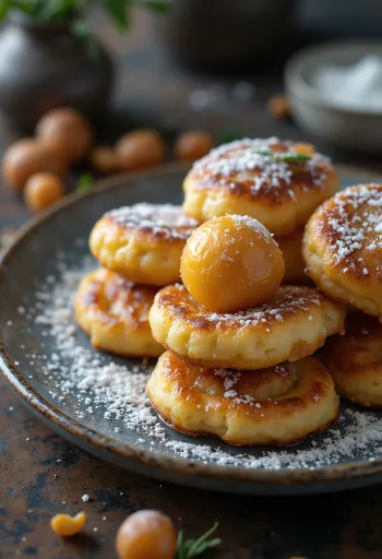 Æbleskiver Pfannkuchen, bestreut mit Puderzucker