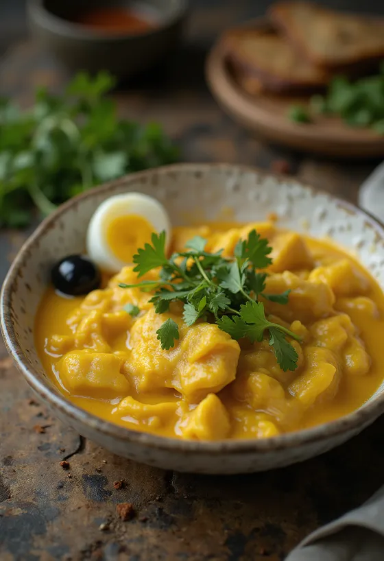 Ají de Gallina mit Koriander serviert, mit cremiger Sauce