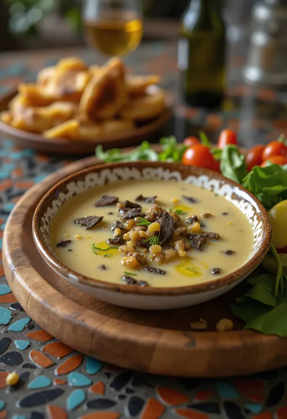 Bagna Cauda mit Trüffel, serviert mit Gemüse und Brot