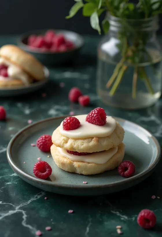 Servierte Bao Buns mit weißer Schokolade und Himbeeren