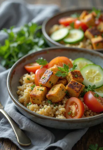 Gegrillter Tofu serviert auf buntem Quinoa-Salat