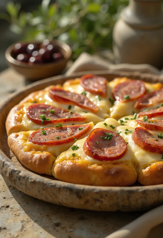 Servierte Focaccia mit Wurst und Räucherkäse
