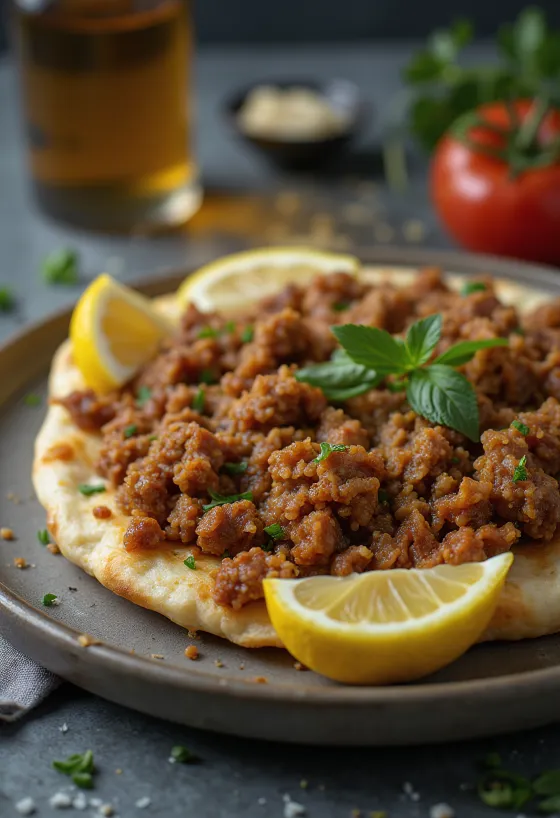 Lahmacun mit extra Fleisch, serviert mit frischem Teig und würziger Fleischfüllung