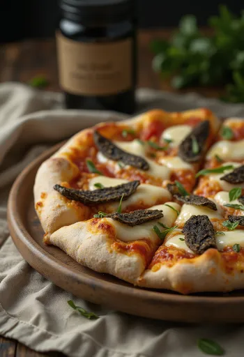 Trüffelpizza serviert mit Mozzarella und Parmesan