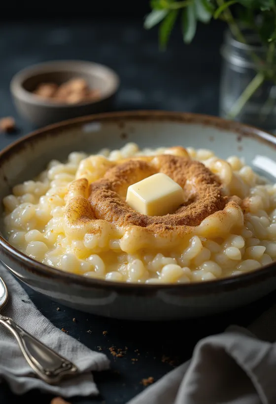 Veganer Risengrød, serviert mit Kokosmilch und Zimt