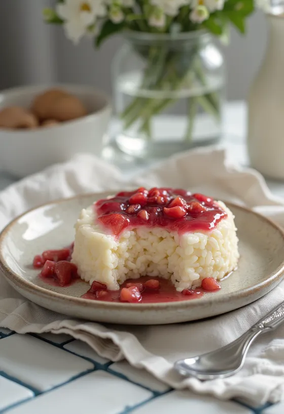 Milchreis-Torte mit frischen Früchten und Fruchtspiegel