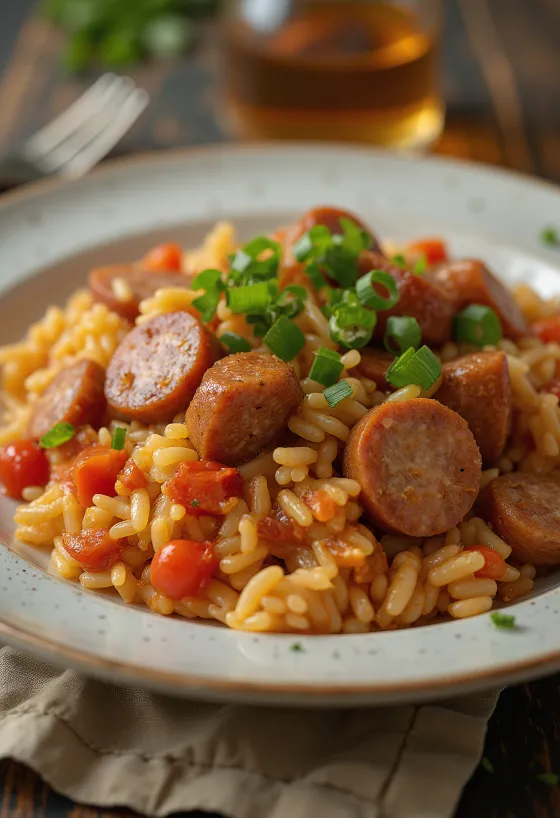 Smoked Sausage Jambalaya serviert in einer Schüssel garniert mit Petersilie