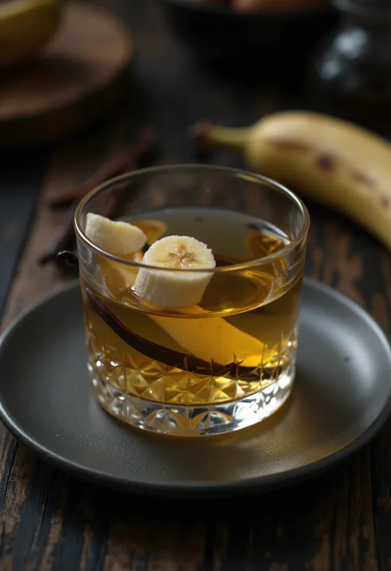Bananenlikör in der Flasche serviert
