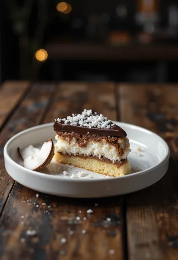Bounty-Torte mit Schokoladenglasur und Kokosraspeln verziert