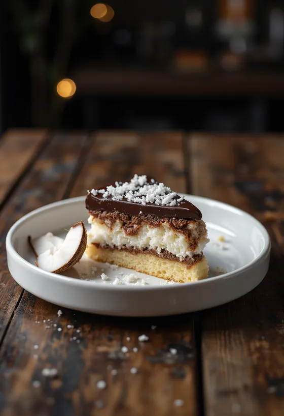 Bounty-Torte mit Schokoladenglasur und Kokosraspeln verziert