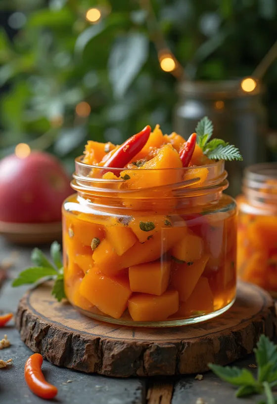 Scharf eingelegte Papaya im Glas serviert