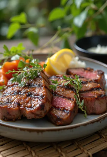 Gegrillte Emu-Steaks serviert auf einem rustikalen Teller