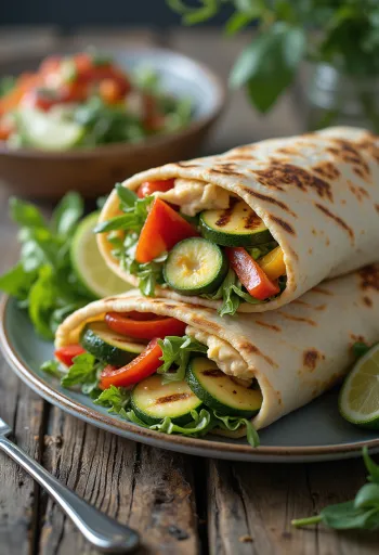 Wrap mit gegrilltem Gemüse, Hummus und Rucola