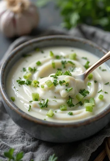 Dill-Knoblauch-Schmand in einer Schale, dekoriert mit frischem Dill und Zitrone.