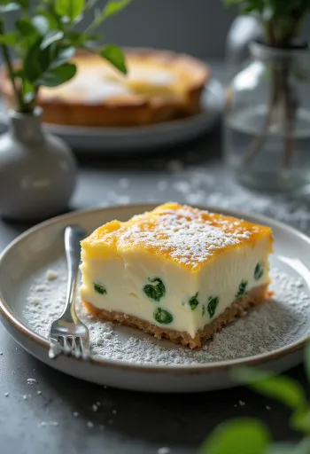 Frisch gebackener Quarkkuchen mit Dill, goldbraun gebacken, in Stücke geschnitten auf einem Tablett.
