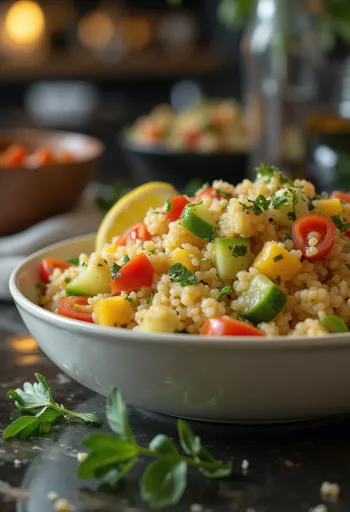Frischer Couscous-Salat mit buntem Gemüse und Kräutern serviert.