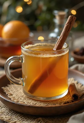 Honig-Karamell-Punsch Getränk, dekoriert mit Orangenscheiben und Zimtstangen