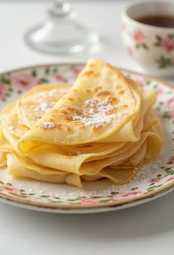 Frische Pfannkuchen, goldbraun gebacken, mit Puderzucker bestreut