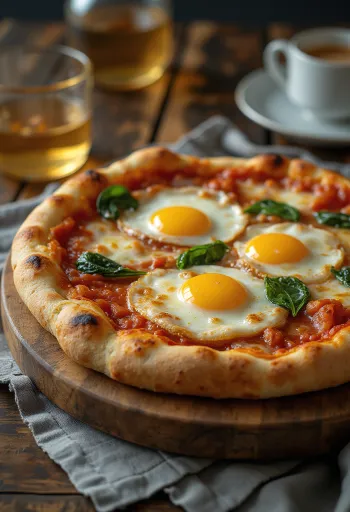 Pizza alla Bismarck serviert mit frischem Ei und Spinat