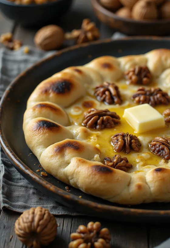 Naan mit gerösteter Walnussfüllung serviert