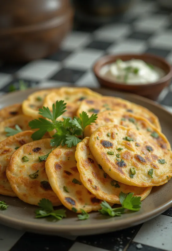 Singhara Atta Cheela, serviert mit frischem Koriander